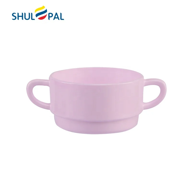 

300ML pink opal glass stackable soup bowl with handle