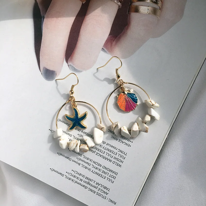 

New Arrival Marine Series Statement Jewelry Colorful Round Circle Oil Drop Seashell Starfish Dangle Earrings with Stone, Same as picture