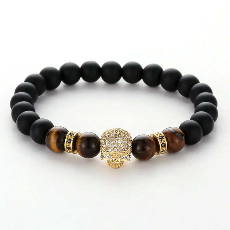 

2020 European Luxury Black Matte Onyx Beads CZ Skull Head Bracelet Natural Tiger Eye Stone Beads Skull Head Bracelet, Picture