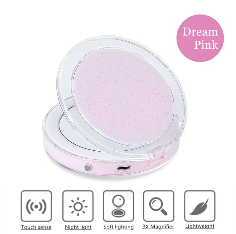 Portable Compact Travel Handheld Personal Led Light Up Round Mirror High Quality Personalized