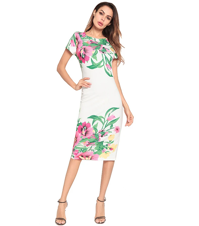 A3681 Print White Form Fitting Dress Women Round Neck Knee Length ...