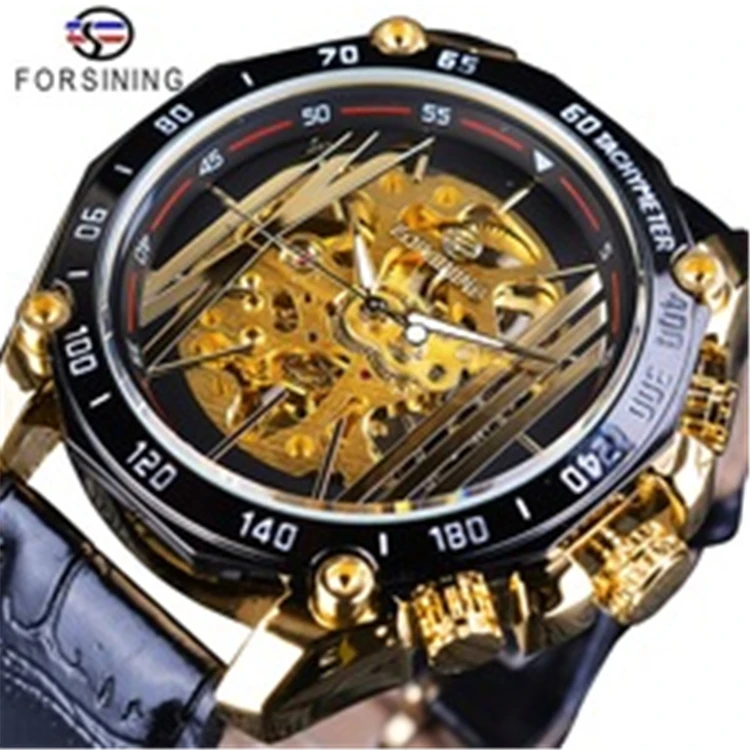 

FORSINING GMT1074 Golden Skeleton Clock Men's Automatic Top Brand Luxury Luminous Hands Black Band Wrist Watches