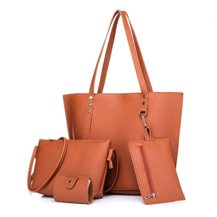 

China manufacturer bags fashion pu leather tote bag handbags women latest design ladies purse 4 pcs woman bag set handbag sets, Brown,pink,black,red,blue