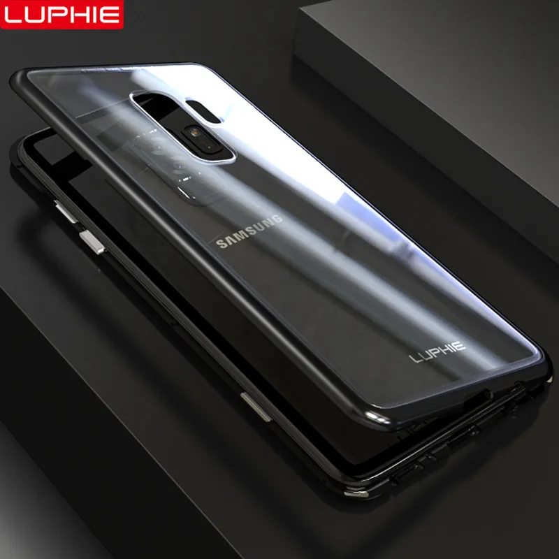 

LUPHIE Magnetic Metal Bumper Case Cover Tempered Glass for Samsung galaxy note 9 8 s8 s9 plus Clear Protective Back shell