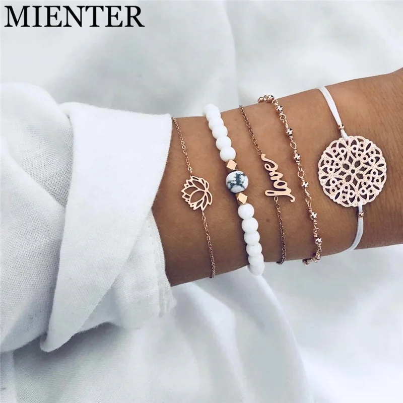 

2019 New Hollow Lotus Letter Flower White Bead Bracelet Set Fashion Women Adjustable Bracelet, Picture