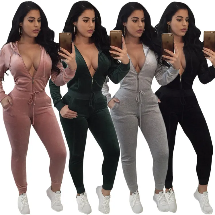 
Custom Logo Hign Quality Long Sleeve V-neck Velour Tracksuit For Women 