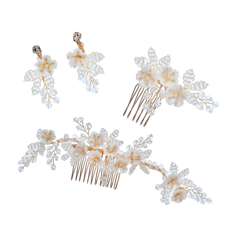 Ins Hot Handmade Ceramic Flower Tiny Beads Crystal Bridal Girls' Earring Hair Comb Wedding Jewellery Hair Accessories Women