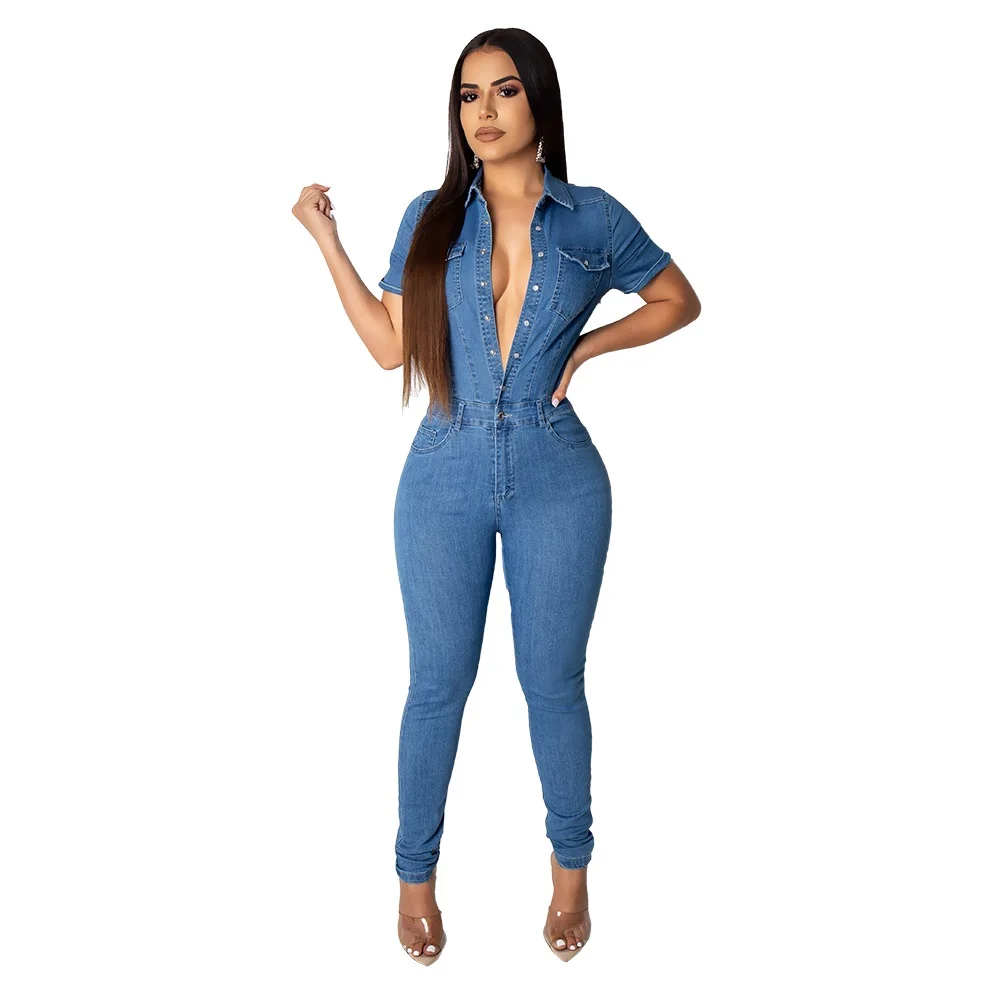 

Hight Quality Casual Buttons Design Denim One-piece Jumpsuit