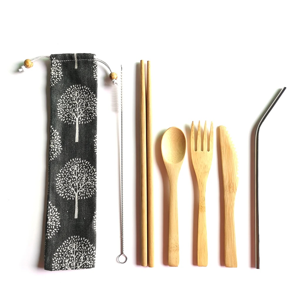 

Out door bamboo flatware sets with Boba straw and straw brush