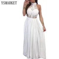 

YSMARKET Women Clothes Summer Long Party Dress Turtleneck Sleeveless Sexy Lace Hight Waist Ladies Maxi Dresses White Wine Red