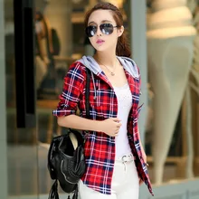 New Arrival 2015 Spring Autumn Cotton Long Sleeve Red Checked Plaid Shirt Women Hoodie Casual Fit Blouse Plus Size Sweatshirt