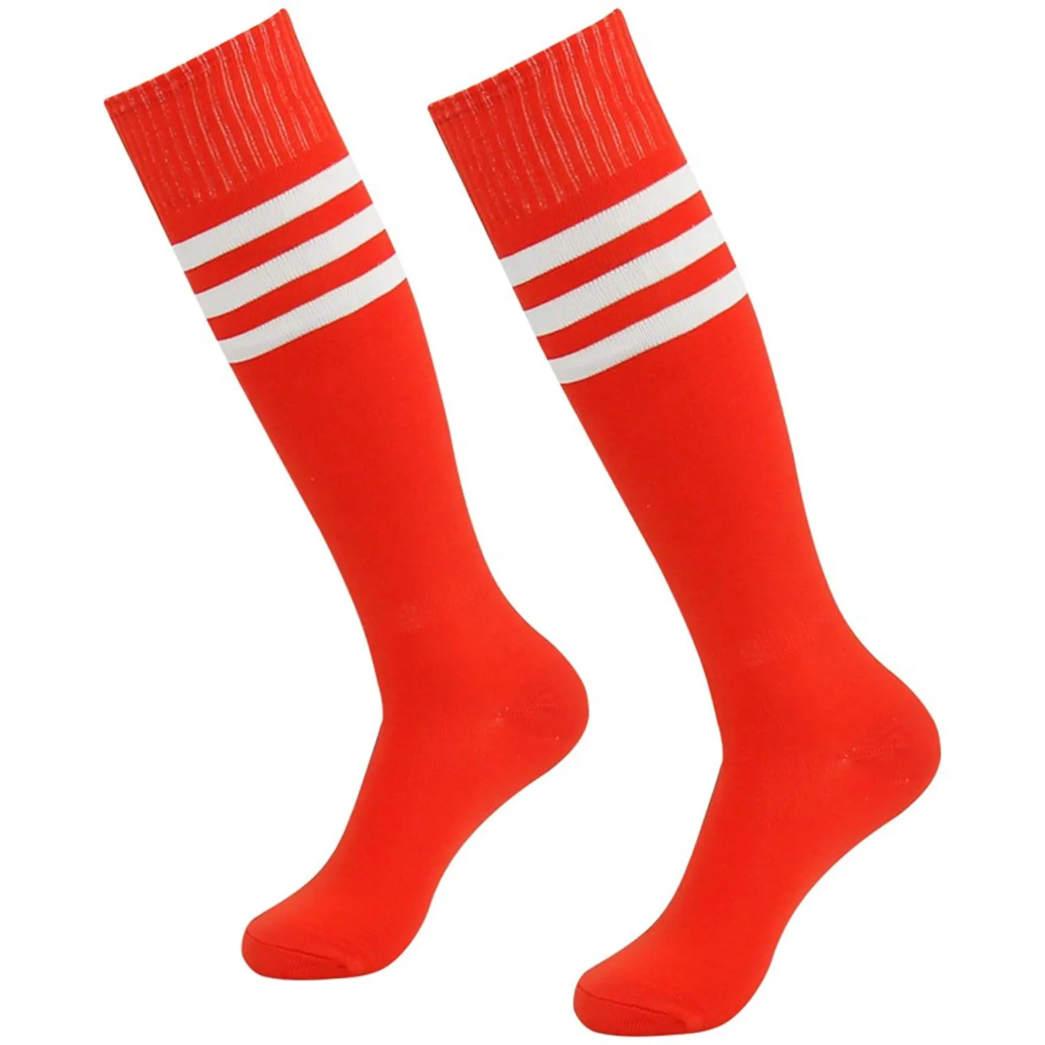 Football socks. High Sport Socks. Football Red Socks. Red Baseball Socks with Yellow Stripes.