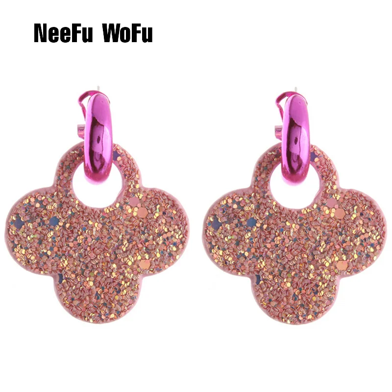 

NeeFu WoFu Women's fashion pop classic charm pendant leather earrings delicate plum copper earrings, Pink