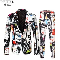 

PYJTRL Brand Tide Mens Fashion Print 2 Pieces Set Casual Suits Plus Size Hip Hot Male Slim Fit Suit Men Singer Wedding Costume