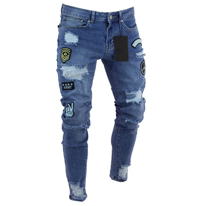 Wholesale price supply fashion style embroidered patch distressed denim jeans mens