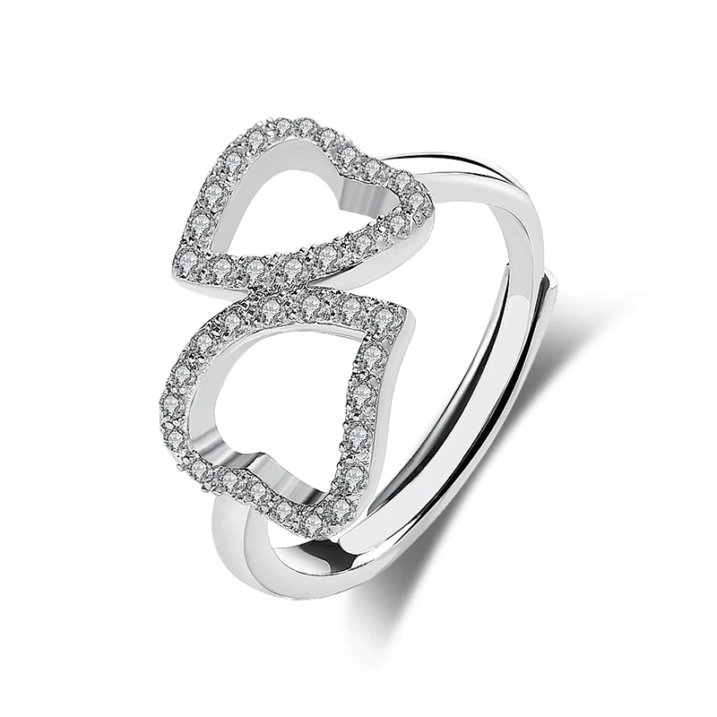 

18K double heart sterling silver ring adjustable white gold plated ring for women