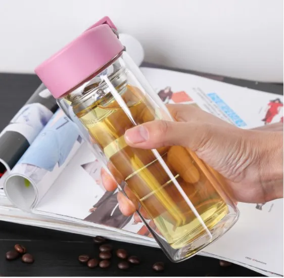 

tea filter transparent double wall glass water bottle with PP lid, Pink,black,green,white