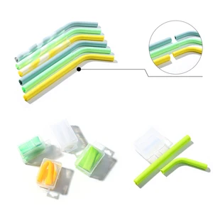 Image of BPA Free Kids Safely Assorted Color Reusable Folding Silicone Drinking Straws With Cleaning Brush