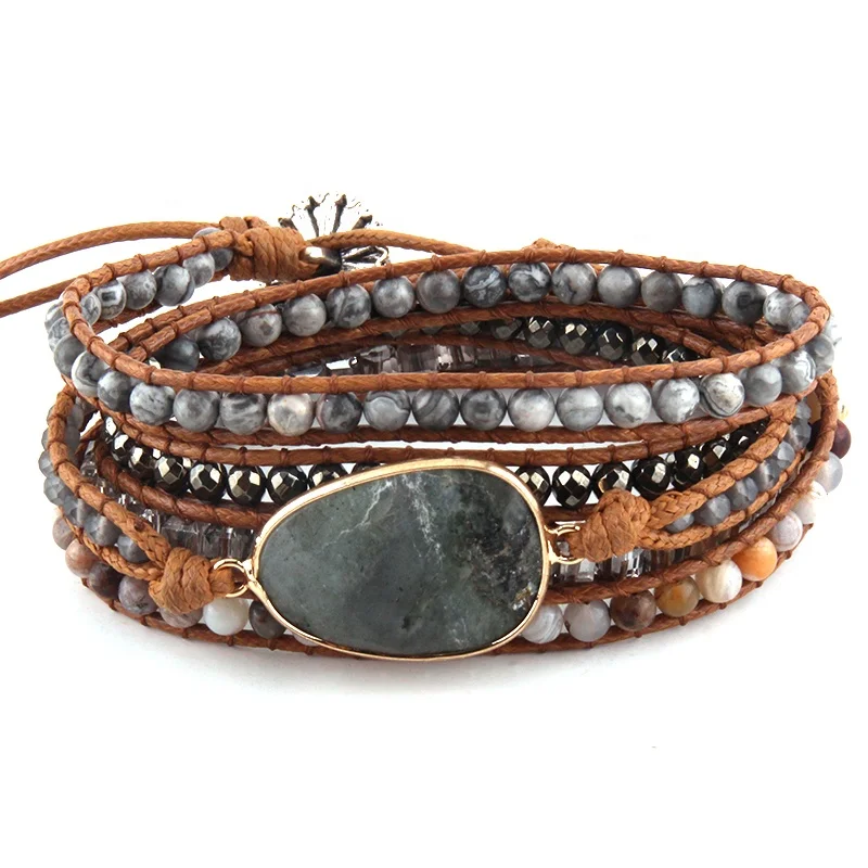 

Fashion Women Leather Bracelet Handmade Gray Mixed Natural Stones / Crystal 5 Strands Wrap Bracelets DropShippers