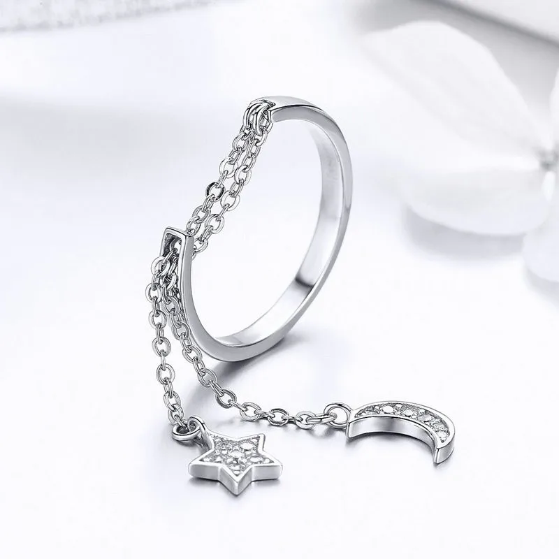 

Moon and Star Link Chain Adjustable 925 Sterling Silver Finger Rings