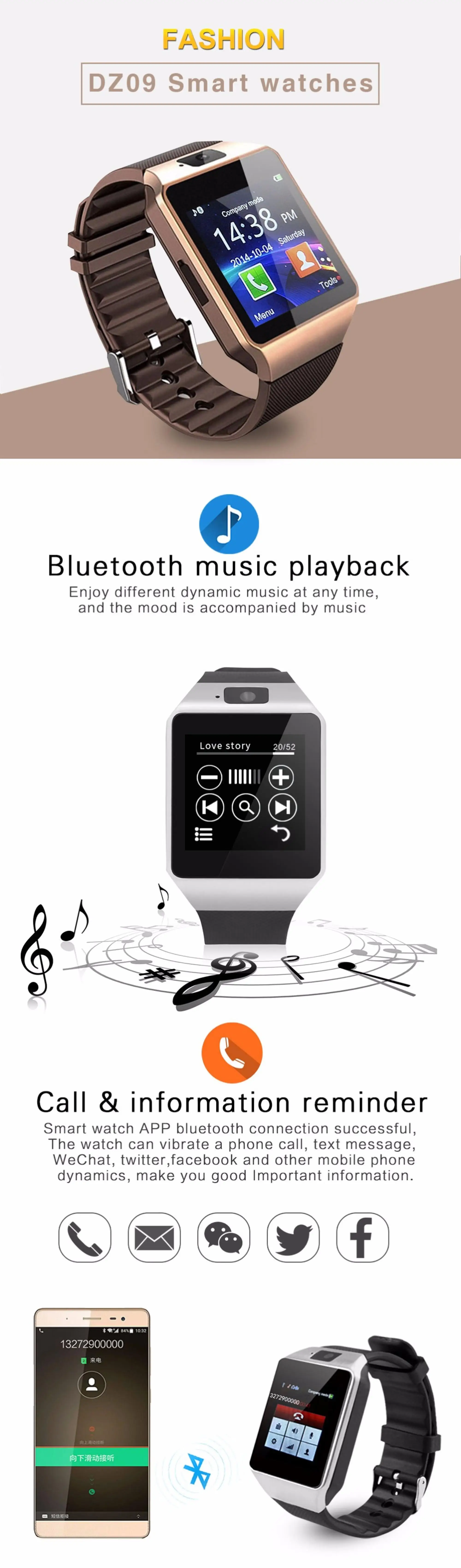cawono bluetooth smart watch dz09