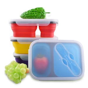 Image of 100% Food Grade Silicone Collapsible Food Container 2 Compartments Folding Bento Silicone Lunch Box with Fork