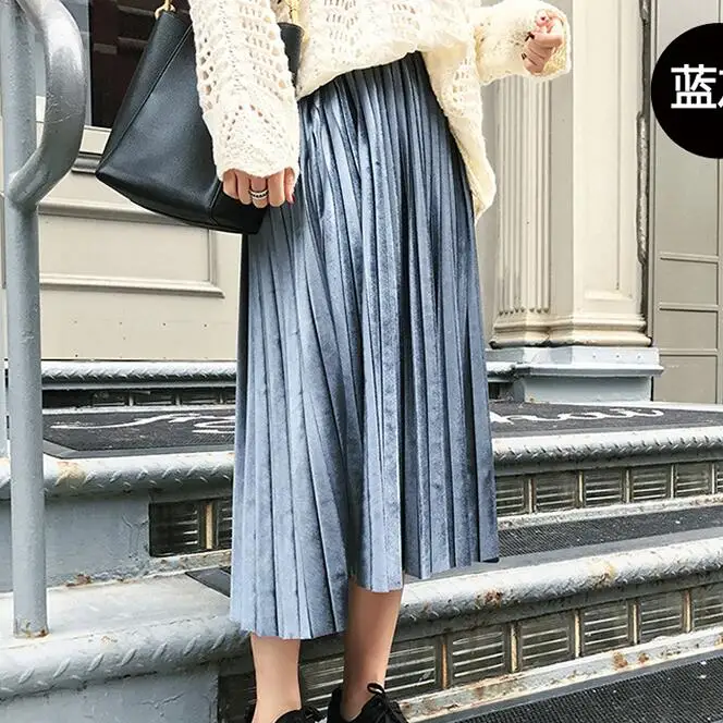 New 2019 Autumn And Summer High Waisted Skinny Female Velvet Pleated Skirts Pleated Ladies Long Plus Size Skirt A392