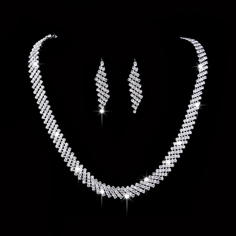 

Fashion Shinning Diamond Sliver Plated Zircon Necklace Earring Jewelry Sets For Anniversary, Picture