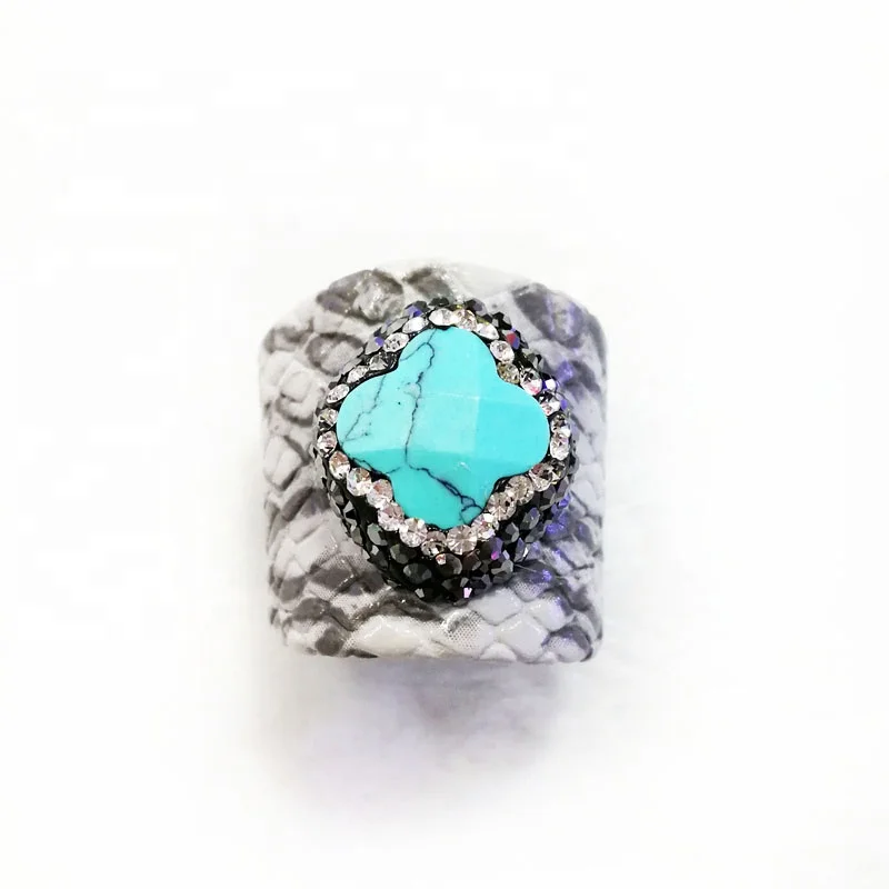 

Snakeskin Inlay Rhinestone Ring Natural Vintage Pattern Python Leather Rings With Turquoise Gemstone Jewelry Gift for Men