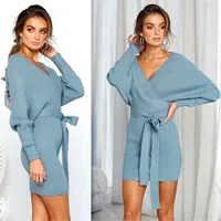 

Women's Dress Sexy Cocktail Batwing V neck Long Sleeve Backless Wrap Knit Sweater with Belt Bodycon Mini Slim Dresses for Spring
