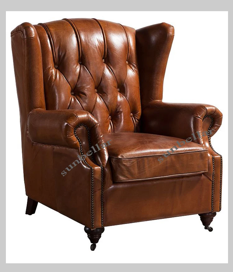 Luxury Sofa Genuine Leather High Back Wing Chair Hotel Sofa Tufted Back