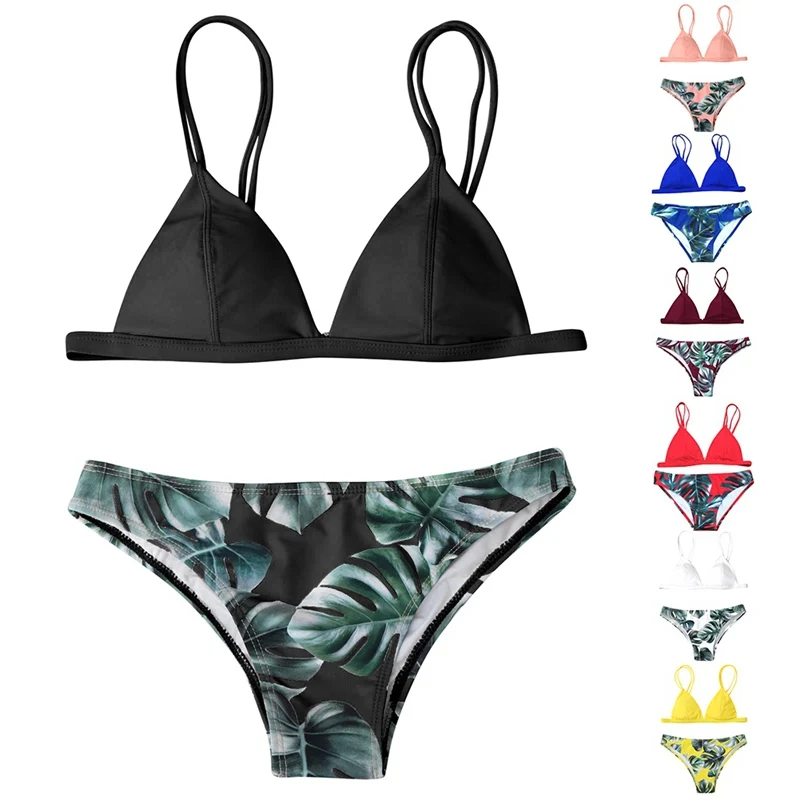 

Women Sexy Plant Pattern Print Lace-up Halter Strap Split Swimsuit Bikini Set