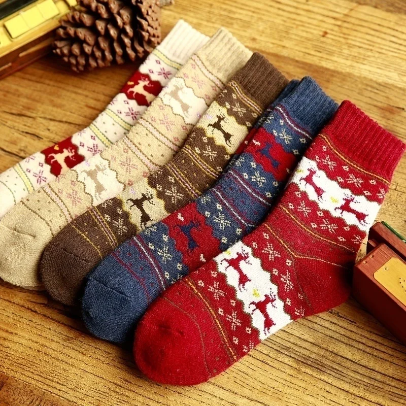 

10pcs Newly Design Stocking Christmas Deer Moose Design Casual Warm Winter Knit Wool Socks For Mens Women Cotton Socks, Red;brown;white;blue;beige