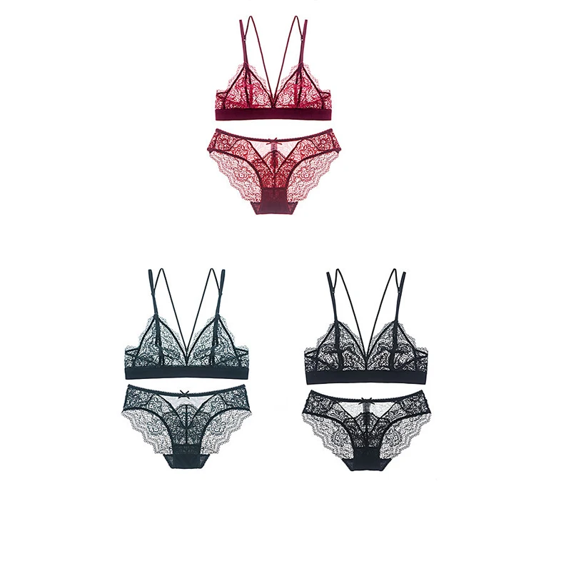 

2017 Summer New Arrival 100% Nylon French Style Bra Hollow Out Breathable Lace Net Bra Panty Set, Green black red wine