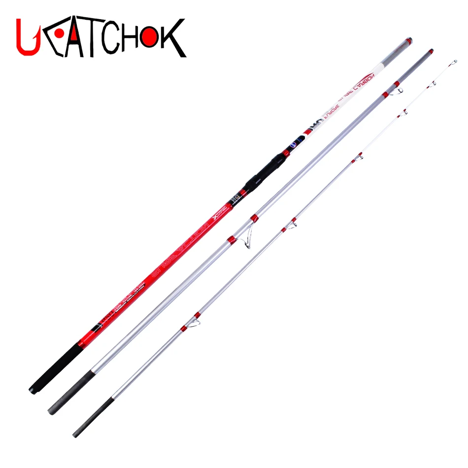 

4.2M 3 sections 100-250g CW Superhard pure carbon fiber long casting rod beach far shot surf fishing rod, White/red
