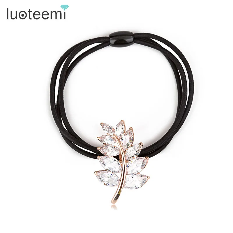 LUOTEEMI Drop Shipping South Korean Style Sweet Women Fashion Hair Accessory White CZ Leaf Hair Band Headwear Elastic Hair Rope
