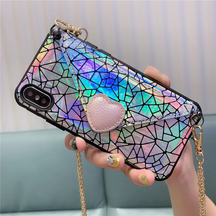 kickstand fissure crack pattern envelope mobile phone bag with card pocket metal strap diamond cellphone case pouch for iphone x
