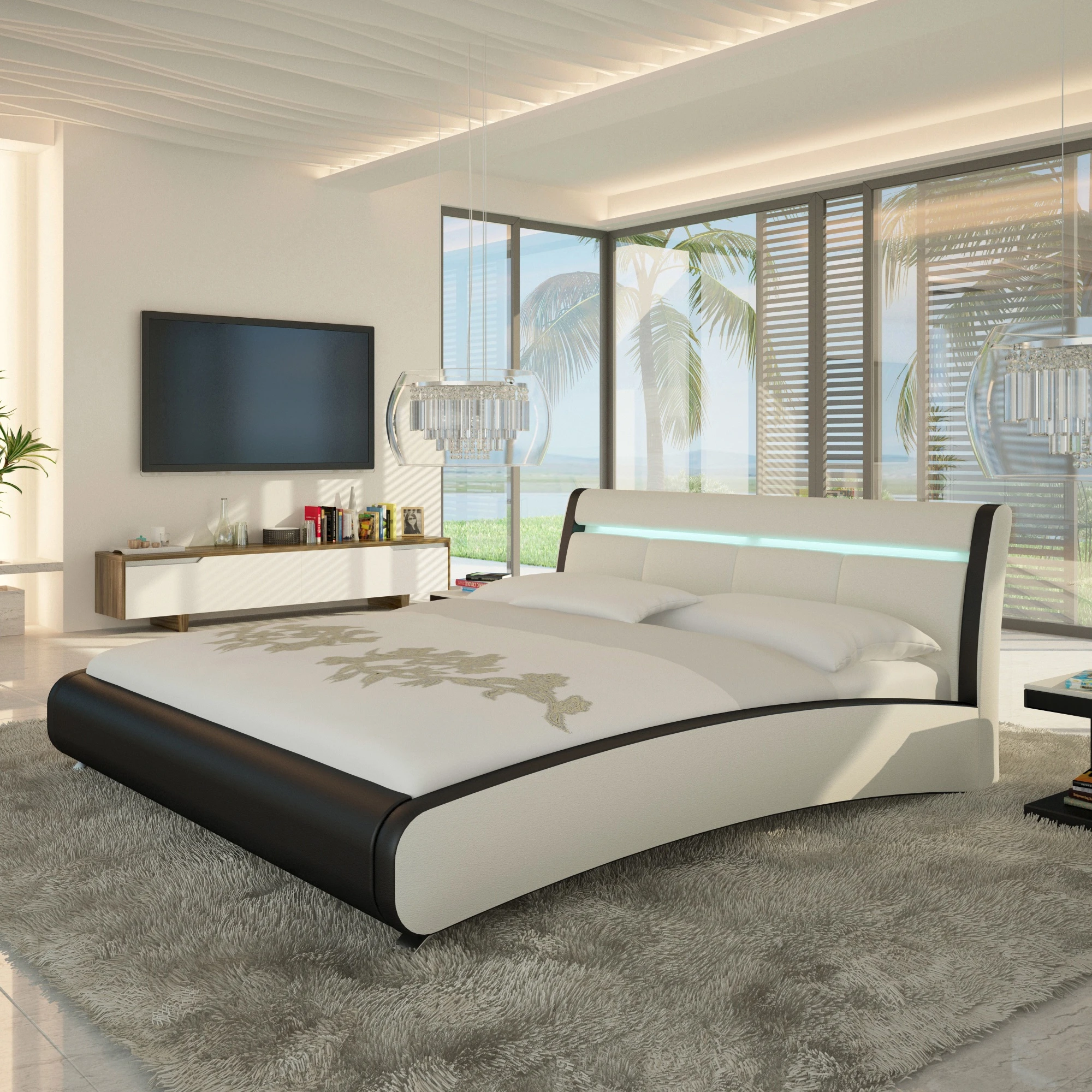 Modern design white and  black synthetic leather soft bed with LED reading light kingsize wooden bed