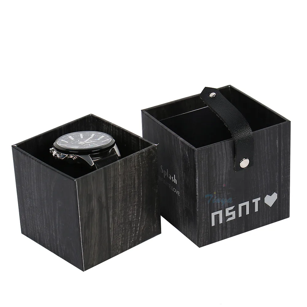 the open picture of luxury small black square watch gift box