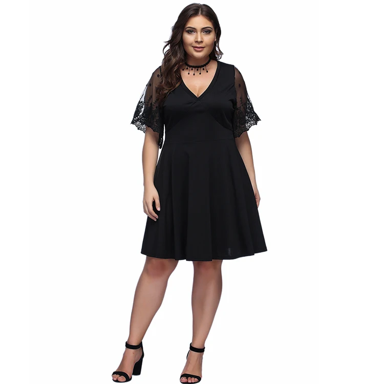 

Black Deep V Design Cuff Stitching Mesh Lace Plus Size Casual Dress, As show