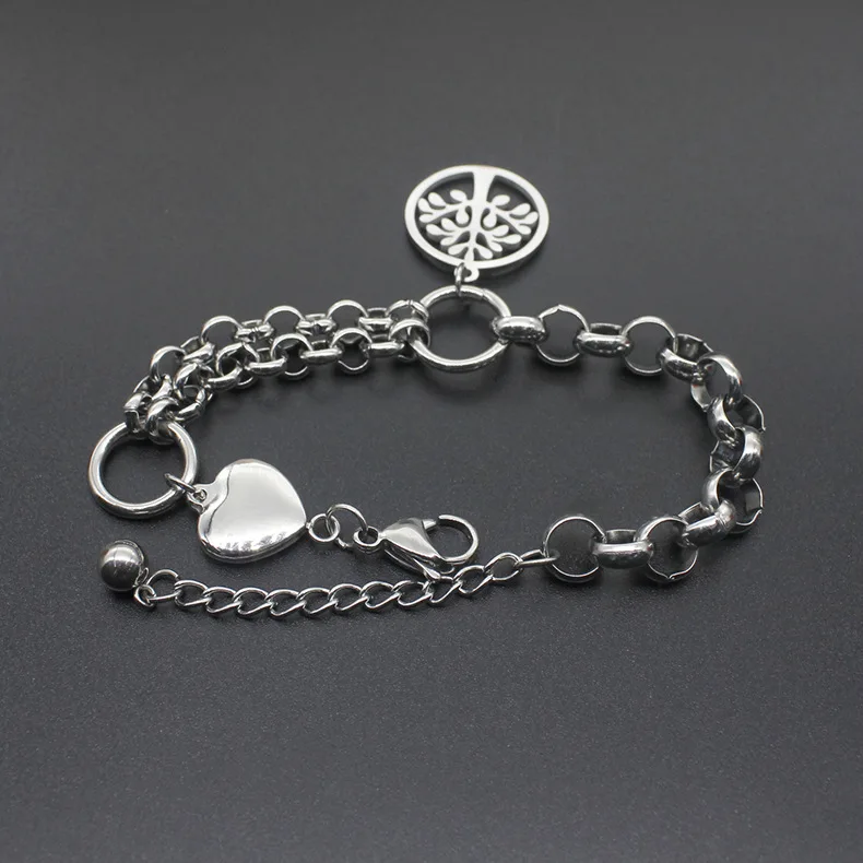 

Wholesale Heart Charm Jewelry Silver Bracelets Tree Of Life 316L Stainless Steel Charm Bracelet