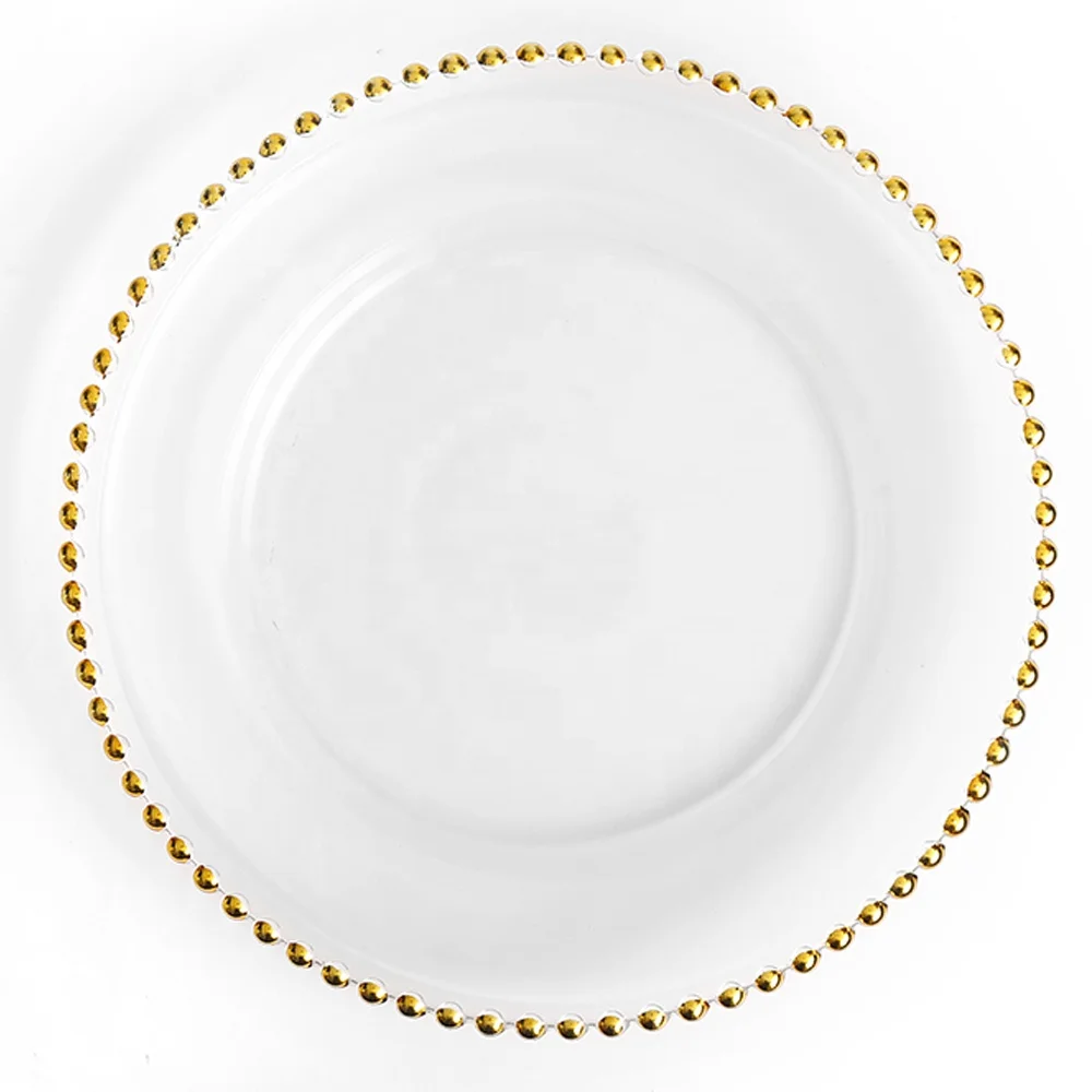 

Restaurant Used Wedding Decorative Opal Glass Gold Beaded Charger Plates Wholesale, Picture