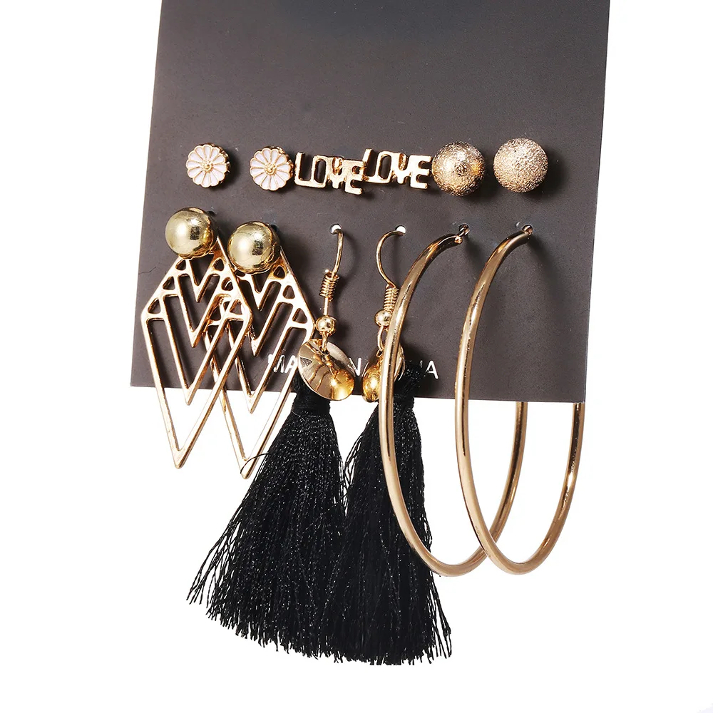 

6 Pairs Gold Plated Ball Hoop Cutout Black Tassel Earring Jewelry Set