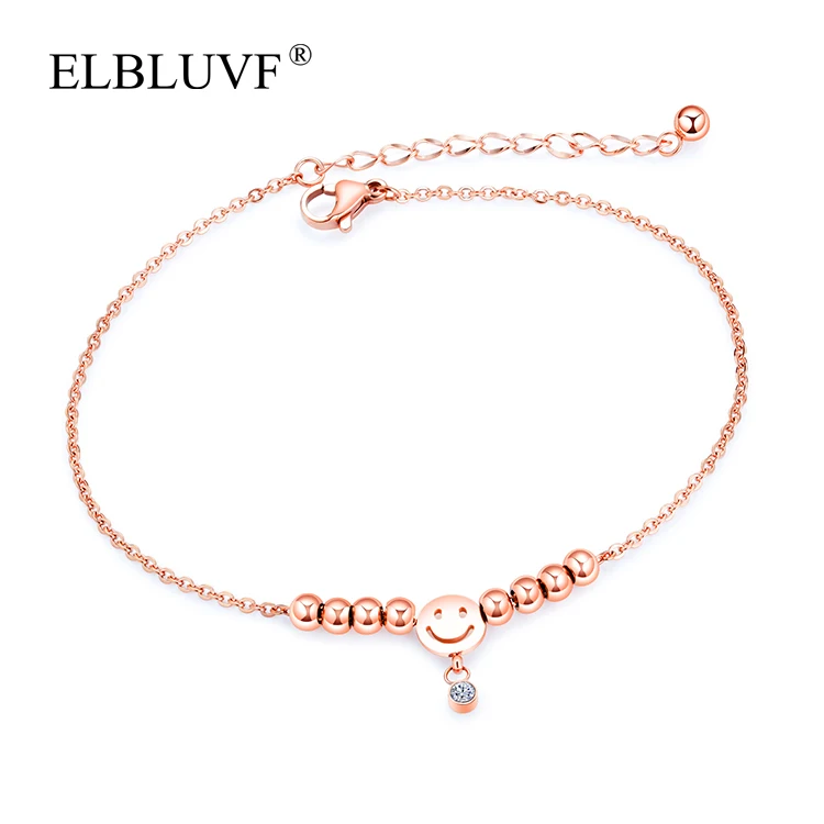 

ELBLUVF Free Shipping Stainless Steel Jewelry Rose Gold Plated Smile Shape Ball Chain Circular Zircon Anklet