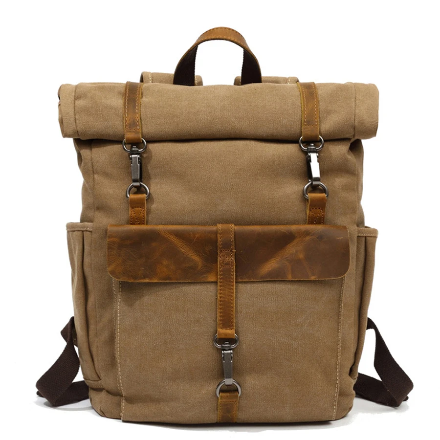 

In Stocks Vintage Style washed Canvas Backpack Leather Travel Rolltop Laptop Bags for travel, Customized