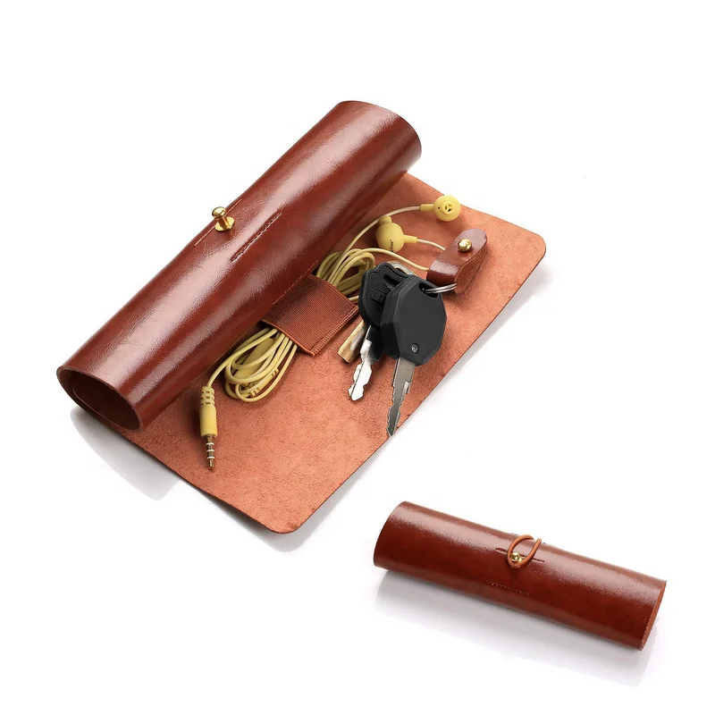 

Hot Sale PU Leather Cable Organizer Roll Bag Travel Pouch for USB Cable/Earphone