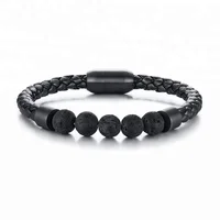 

New Design Black Stainless Steel Elegant Lava Bead Fashion Custom Leather Bracelet Men