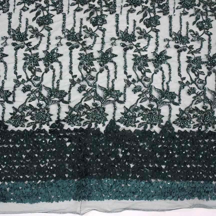

Top end french green heavy handwork 3d flower beaded lace with full pearls and sequins embroidery tulle lace dress fabric HY0773, As pictures show