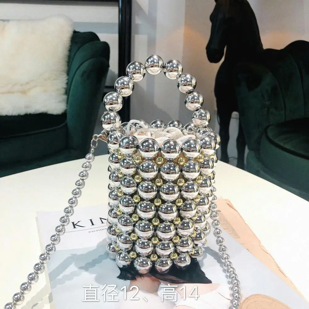 

Summer 2021 New Korea Silver Handmade Pearl Bag Mini Bucket Bag Beaded Hand Bag