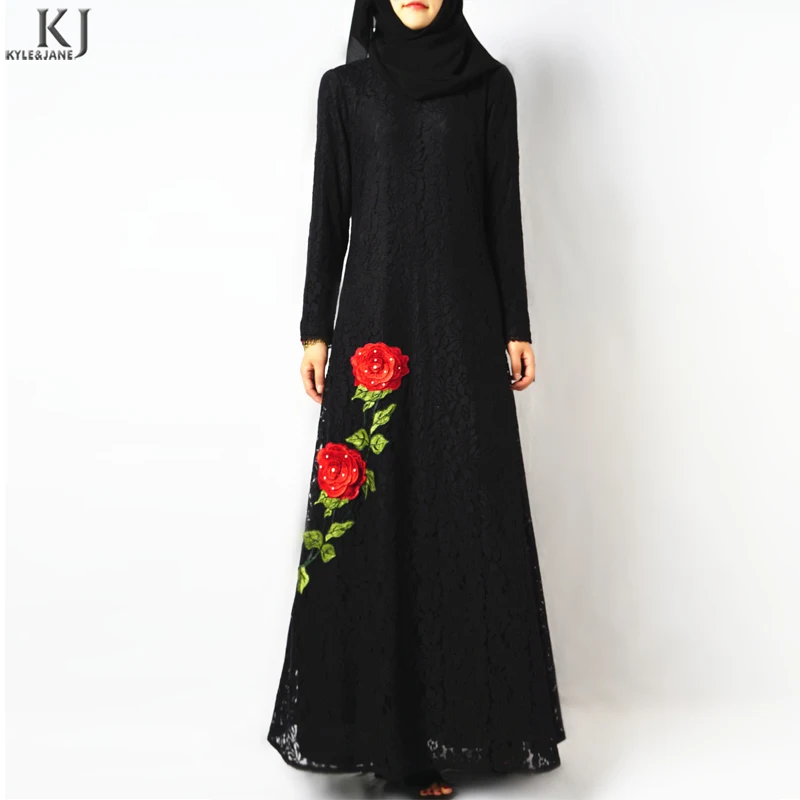 

New islamic clothing embroidery black lace abaya with fashion sleeves, Different colors